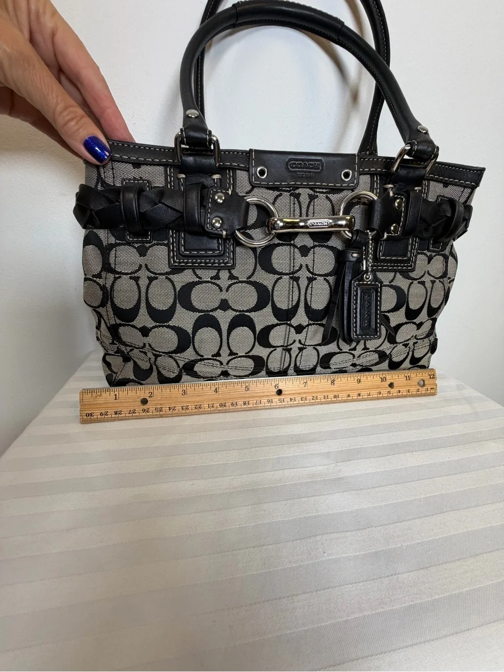 COACH | Vintage ‘Hampton’ Signature Monogram Black & Gray Bag Leather Trim - Picture 11 of 15